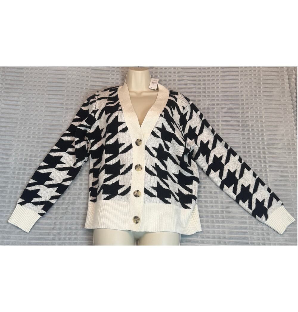 NWT Womens Large Ann Taylor Loft Houndstooth V-Neck Cardigan Casual Sweater